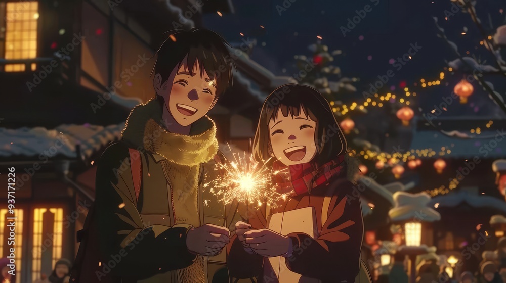 Family members cheerfully hold sparklers under glowing lanterns, surrounded by a festive atmosphere in a cozy winter night setting Family members cheerfully hold sparklers under glowing lanterns, surrounded by a festive atmosphere in a cozy winter night setting
