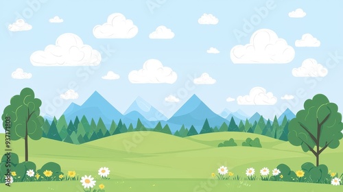 Cartoon Mountain Landscape with Green Grass Trees and Flowers