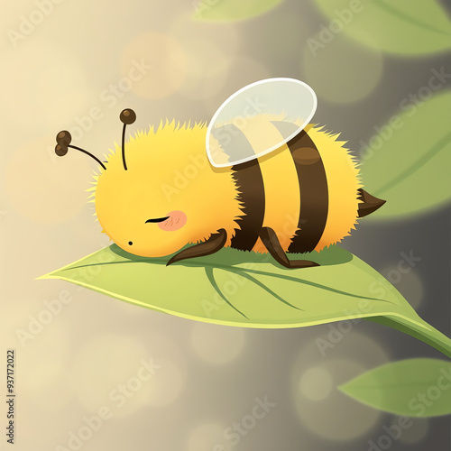 a cute bee, sleeping on a leaf, cute cartoon illustration