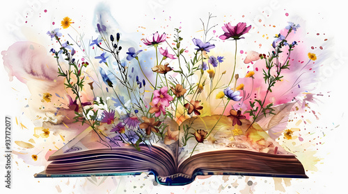 Fototapeta Naklejka Na Ścianę i Meble -  open book covered with flowers watercolor art