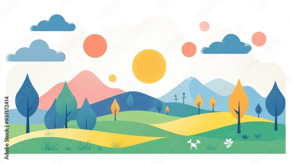 Abstract Landscape with Hills Trees and Sun Abstract Landscape with Hills Trees and Sun