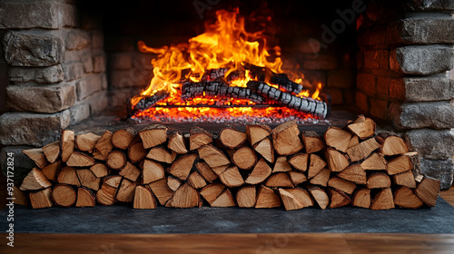 cozy, rustic home interior featuring a pile of neatly stacked firewood next to a traditional stove, symbolizing warmth, comfort, preparation, and resilience against winter photo