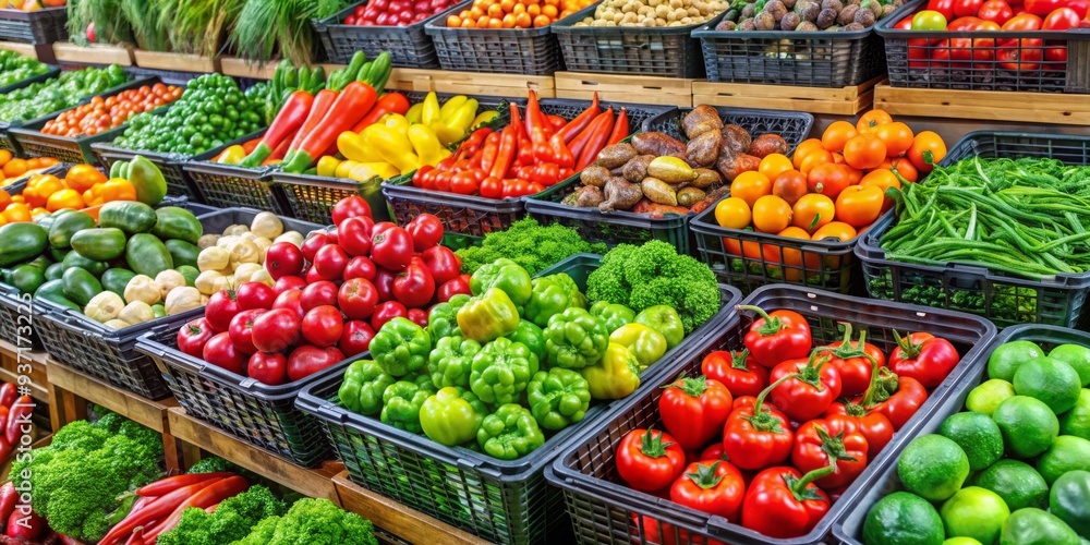 A Vibrant Display of Fresh Produce in Black Baskets at a Farmer's Market, Produce, Vegetables, Farmers Market, Grocery Store A Vibrant Display of Fresh Produce in Black Baskets at a Farmer's Market, Produce, Vegetables, Farmers Market, Grocery Store