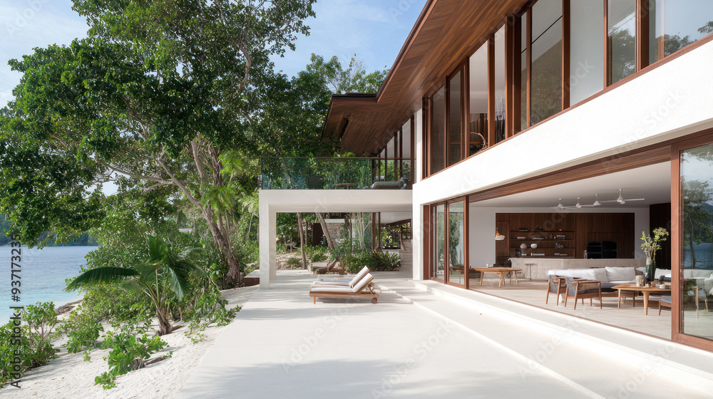 Fototapeta premium A glass walled house by seaside, huge window for natural light