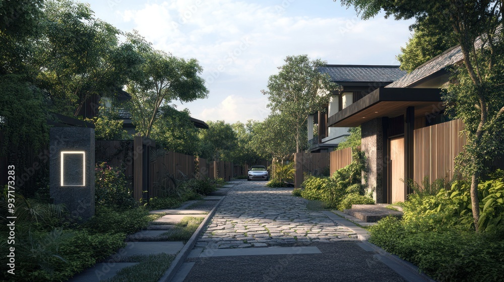 A cobblestone path leading to a modern home with a wooden fence and lush greenery. A cobblestone path leading to a modern home with a wooden fence and lush greenery.