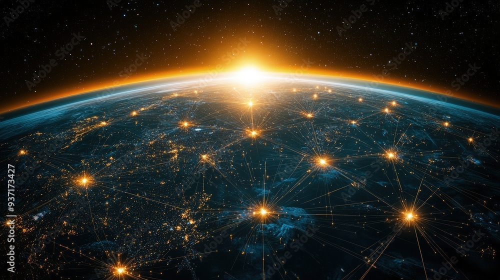 Obraz premium Global business network visualized with lines connecting different cities, dark background with glowing lines