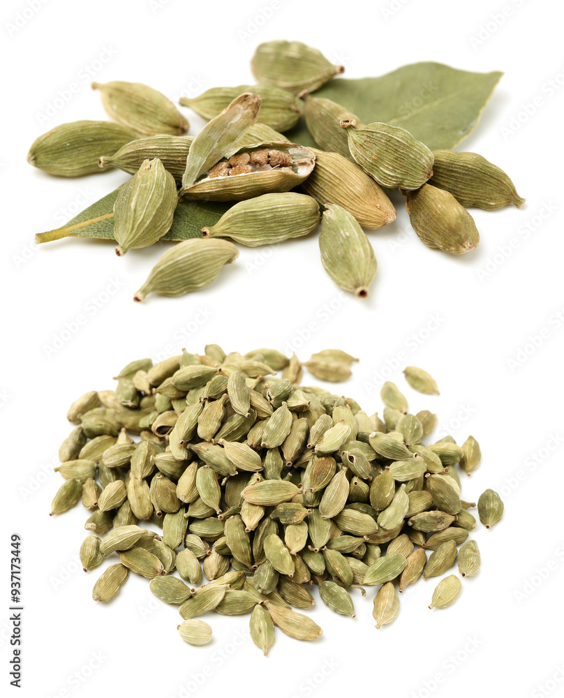 Green cardamom pods on white background Green cardamom pods on white background