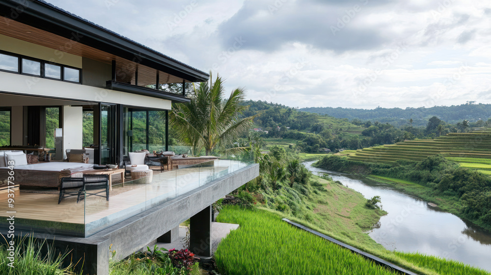 Fototapeta premium Modern cozy house with deck and stainless steel rails by rice field