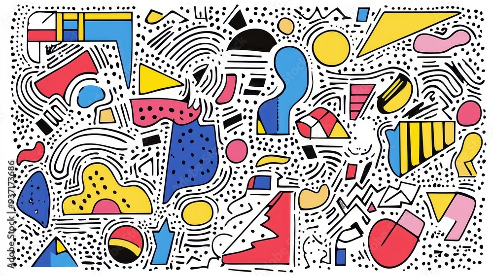 Abstract Geometric Pattern with Lines Dots and Shapes in Red Yellow Blue and Black Abstract Geometric Pattern with Lines Dots and Shapes in Red Yellow Blue and Black