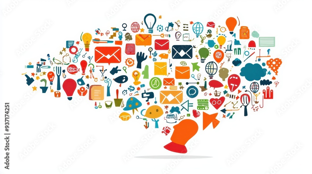 Colorful Brain Shape with Icons and Symbols Creativity and Innovation Concept Colorful Brain Shape with Icons and Symbols Creativity and Innovation Concept