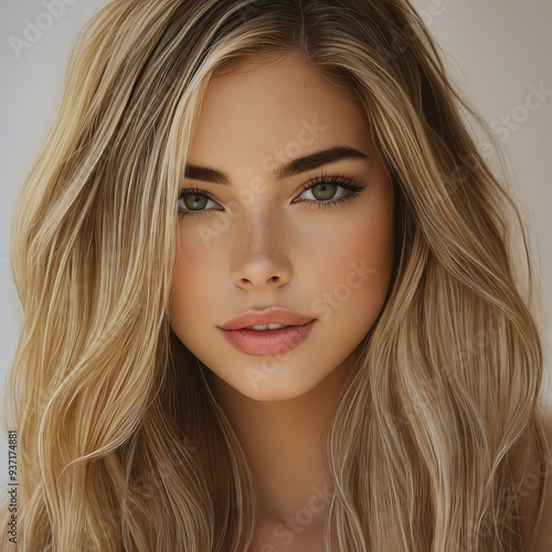 A woman with long blonde hair and green eyes