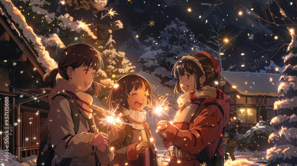 A happy anime family enjoys a night of celebration, holding sparklers amidst snow-covered trees and warm, glowing lights in the background A happy anime family enjoys a night of celebration, holding sparklers amidst snow-covered trees and warm, glowing lights in the background