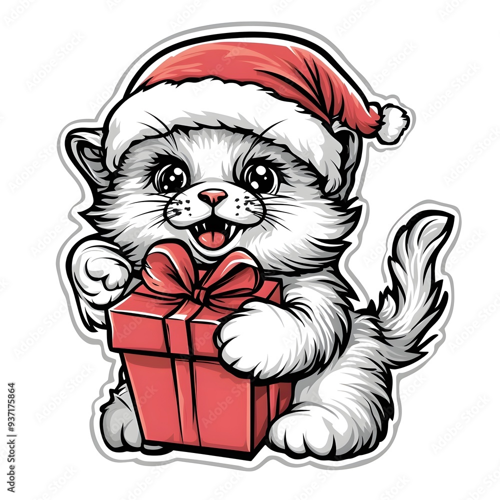 Cute Cartoon Cat in Santa Hat Holding Gift Box for Christmas Cute Cartoon Cat in Santa Hat Holding Gift Box for Christmas