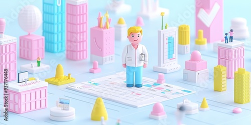 D Rendered Cartoon Character Standing In Miniature Cityscape