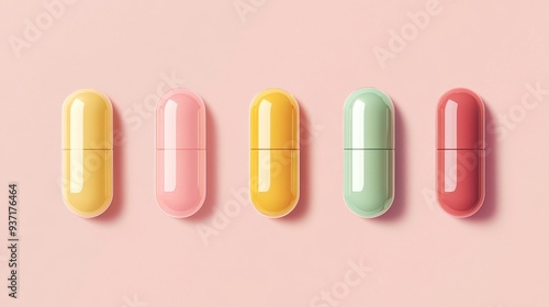 I want to create a cover for a functional food and beverage trend report. I'd like a very clean and warm background with about 5 pills of different colors and transparencies