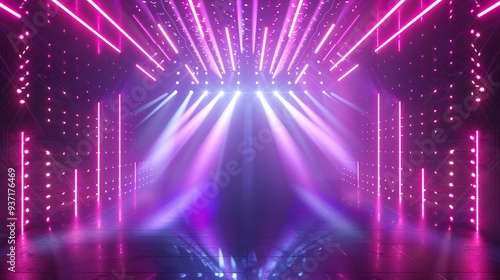 Futuristic Empty Stage Featuring Abstraction with Rays and Neon