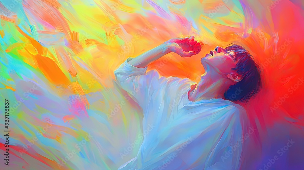 Person experiencing surprise, bright and vivid background Person experiencing surprise, bright and vivid background