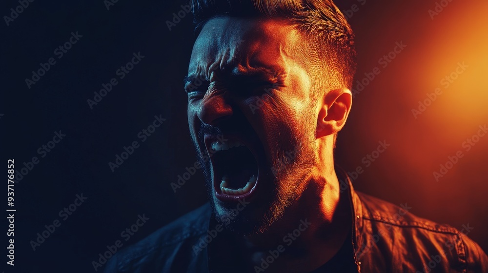 Person expressing anger, sharp contrast lighting Person expressing anger, sharp contrast lighting