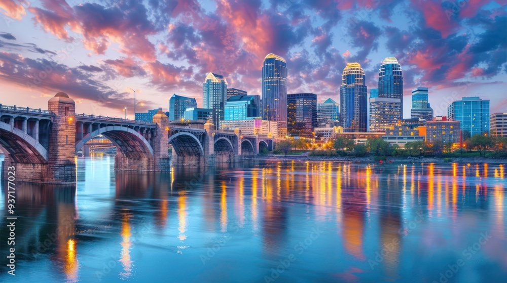 City Skyline Reflected in Water at Sunset City Skyline Reflected in Water at Sunset