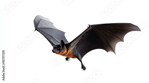 Flying Bat with Spread Wings Isolated on White Background - A bat in flight with its wings spread wide, showcasing its dark gray wings and brown body. The image captures the animal's agility and noctu photo