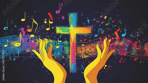 illustration of a colorful Christian cross with music notes and hands, symbolizing the connection between faith, worship, and music, blending vibrant colors with spiritual themes