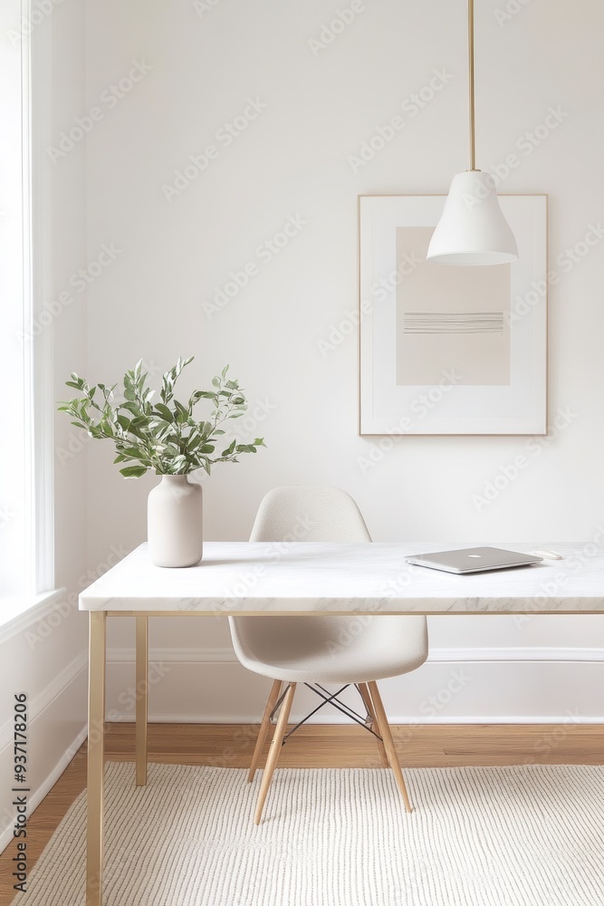 Chich elegant and feminine home decor. white bright and airy, home office, desk with laptop, contemporary minimalist aesthetic for faceless digital marketing and social media branding design