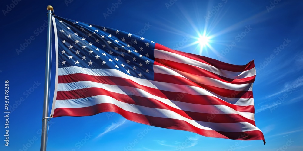 Fototapeta premium American Flag Waving in the Wind, Blue Sky, Sun, 3D Render, USA Flag, patriotism, freedom