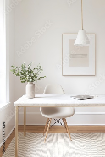 Obraz na płótnie Chich elegant and feminine home decor. white bright and airy, home office, desk with laptop, contemporary minimalist aesthetic for faceless digital marketing and social media branding design w salonie