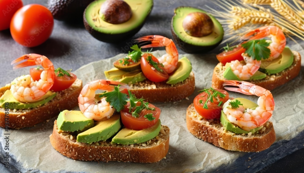 Delicious shrimp and avocado toast ready to be savored Delicious shrimp and avocado toast ready to be savored