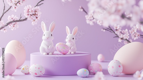 A light purple podium with a sakura-colored background, featuring cute bunny figurines and pastel Easter eggs, creating a sweet Easter scene