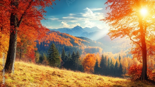 Golden Autumn Landscape with Majestic Mountains and Sunbeams - A breathtaking autumn scene with vibrant foliage, towering mountains, and warm sunlight illuminating the landscape. It symbolizes the bea