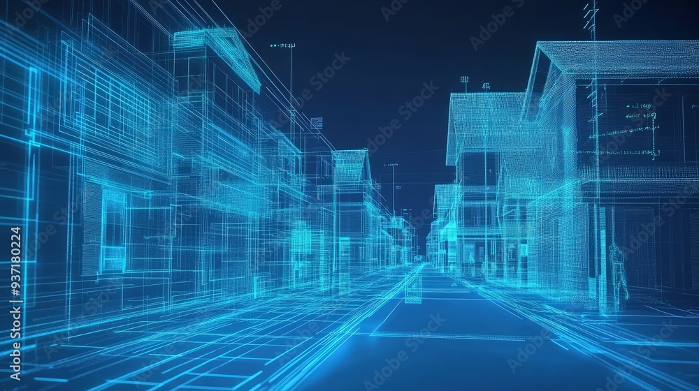 Smart grid with interconnected homes and businesses, digital display, bright screen light Smart grid with interconnected homes and businesses, digital display, bright screen light