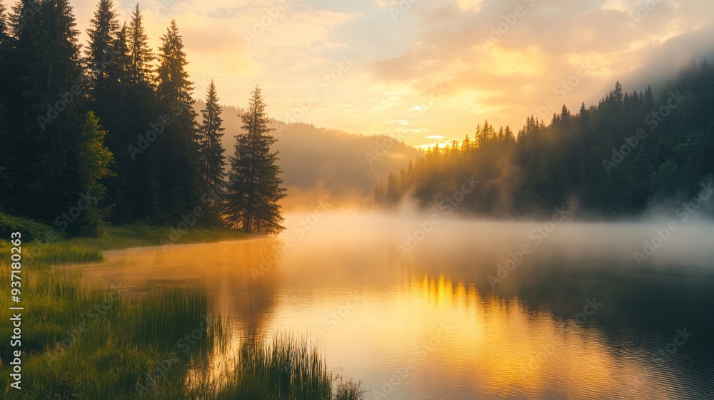 Fototapeta premium Misty Sunrise Over a Serene Forest Lake