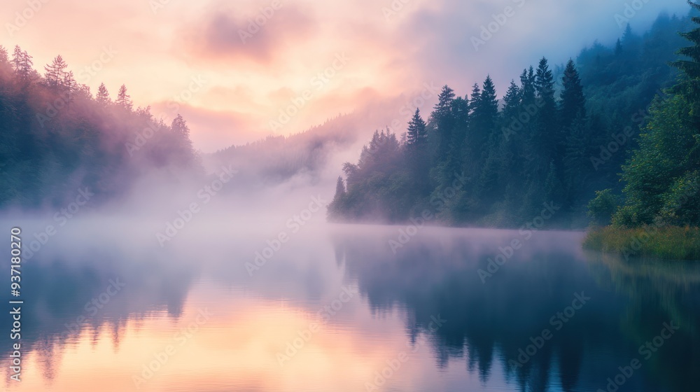 Obraz premium Misty Morning on a Still Lake Surrounded by Trees