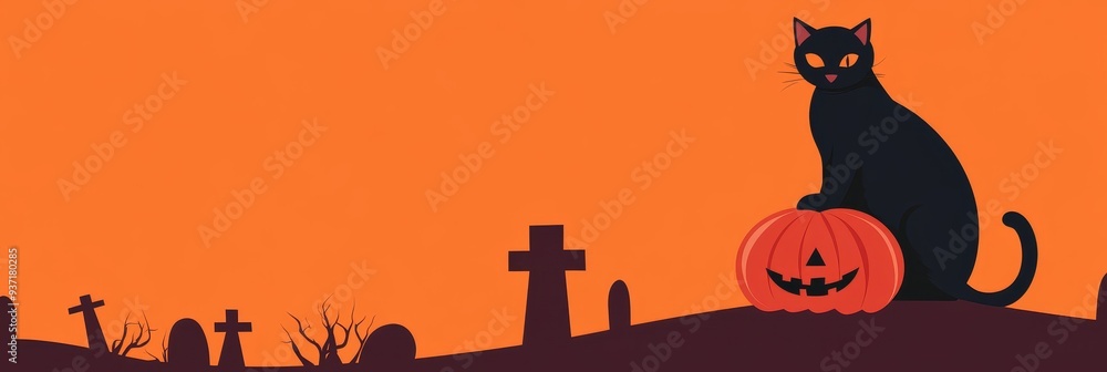 Halloween Black Cat on Pumpkin in Graveyard - A black cat sits atop a ...