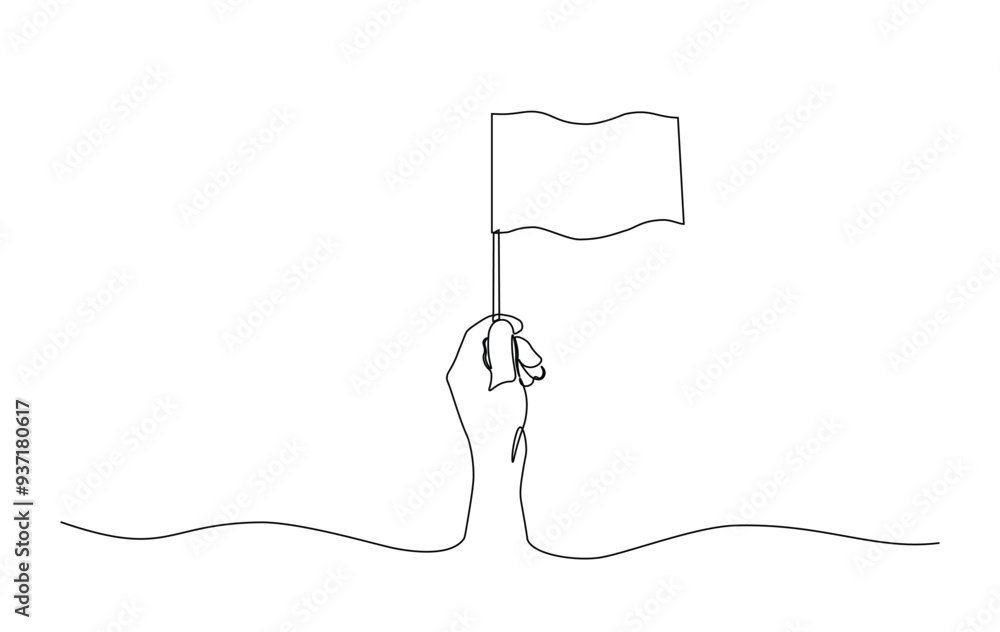 Obraz premium One continuous line drawing hand holding white flag. Hand holds flag in single line illustration.