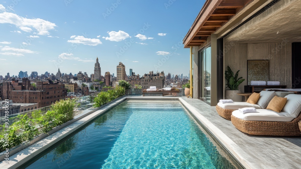 Fototapeta premium Rooftop pool with a view of a historic city, blending modern amenities with classic architecture