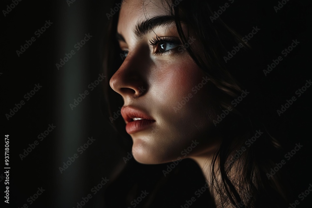 A woman with long dark hair and blue eyes looking out of a window A woman with long dark hair and blue eyes looking out of a window