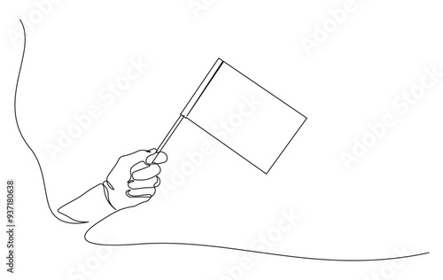 One continuous line drawing hand holding white flag. Hand holds flag in single line illustration.