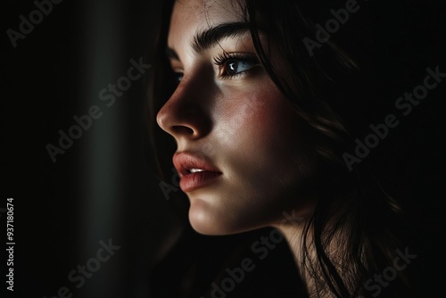 A woman with long dark hair and blue eyes looking out of a window