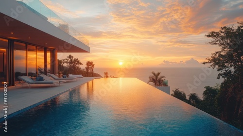 rooftop swimming pool overlooking ocean sunset, modern hotel, tropical vibes