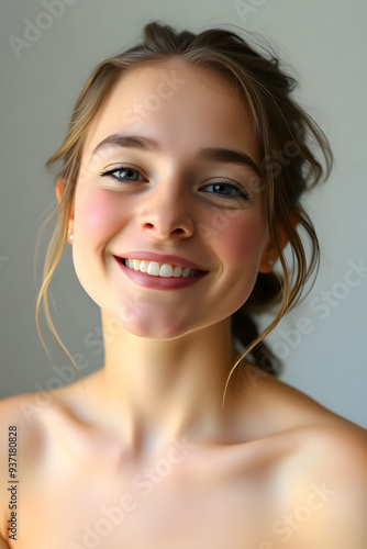 A young woman with long hair and a bright smile, showcasing her clear skin and expressive eyes. The background is softly blurred, emphasizing her cheerful expression.