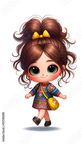 Cute Cartoon Girl with Big Eyes and a Yellow Bow