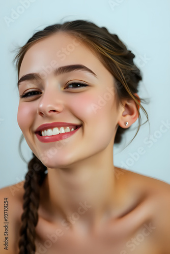 A young woman with long hair and a bright smile, showcasing her clear skin and expressive eyes. The background is softly blurred, emphasizing her cheerful expression.