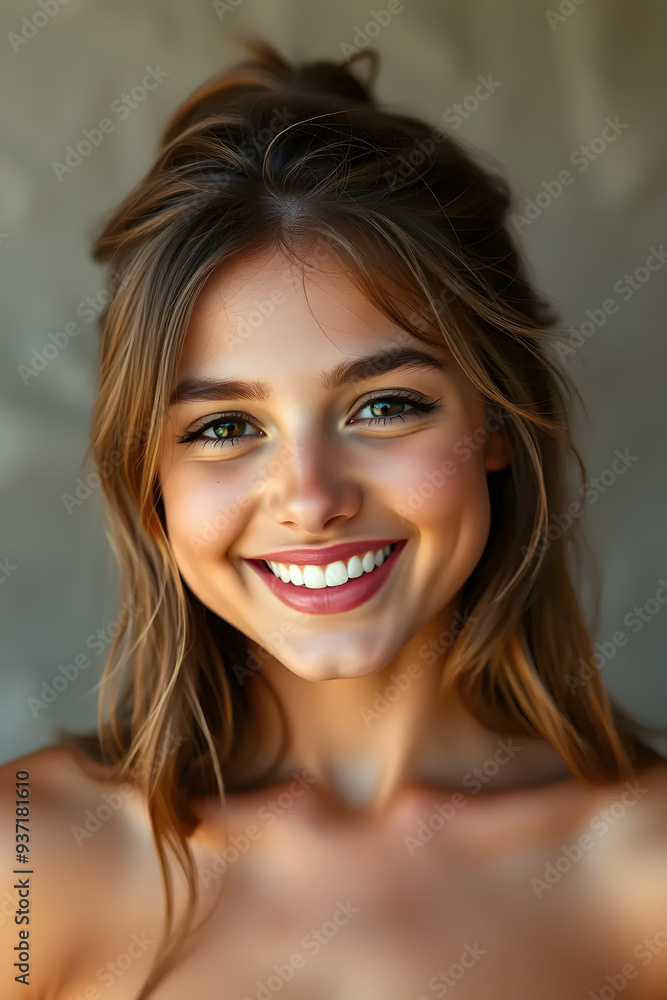 Fototapeta premium A young woman with long hair and a bright smile, showcasing her clear skin and expressive eyes. The background is softly blurred, emphasizing her cheerful expression.