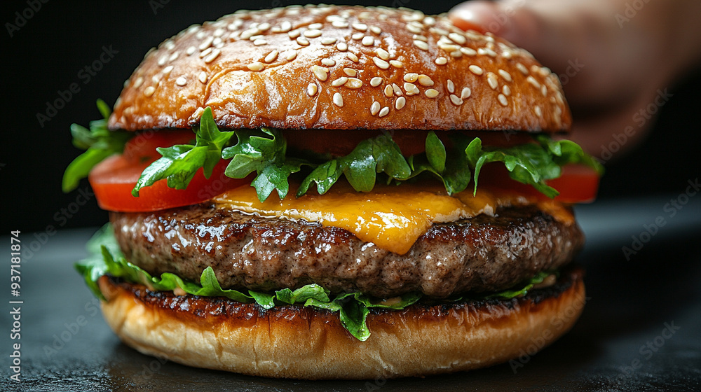 vendor's hand offering a freshly made cheeseburger with vibrant toppings, symbolizing hospitality, comfort food, and the joy of savoring simple pleasures in everyday life vendor's hand offering a freshly made cheeseburger with vibrant toppings, symbolizing hospitality, comfort food, and the joy of savoring simple pleasures in everyday life