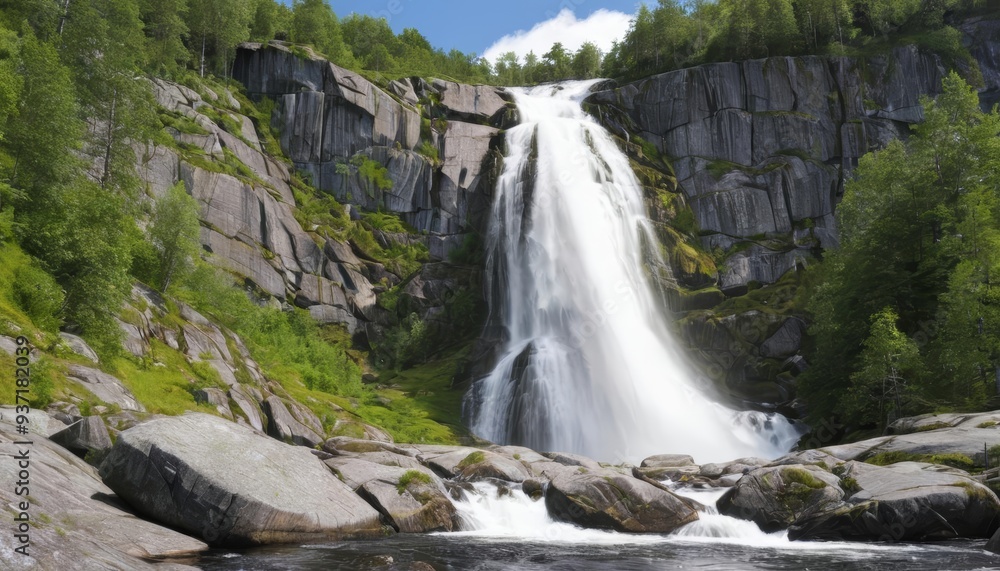 Obraz premium Epic Waterfall in a Forested Mountainous Area