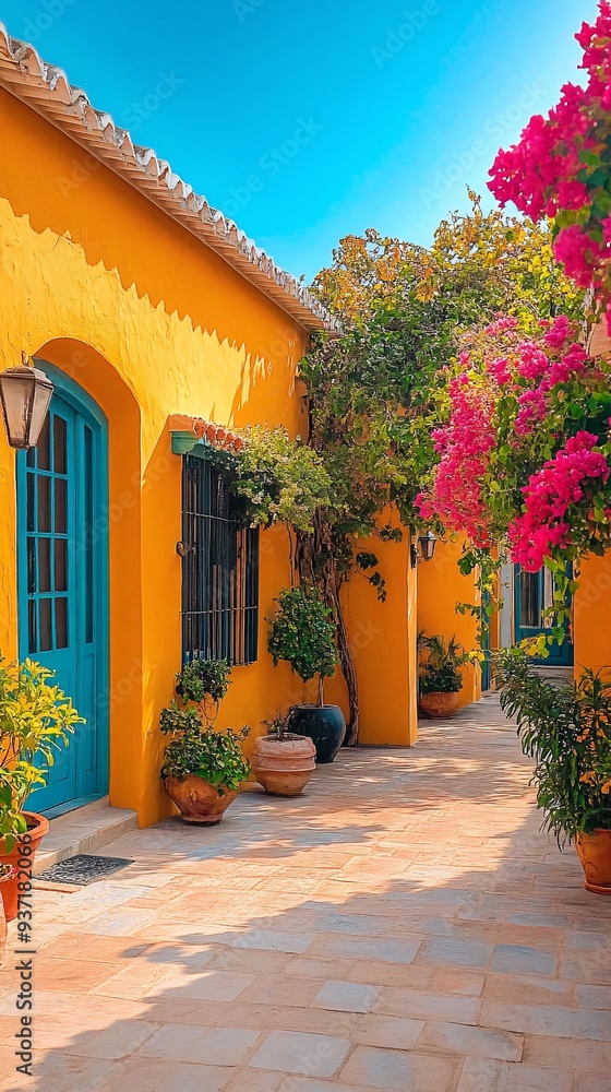 Fototapeta premium Colorful Mediterranean Alley with Vibrant Bougainvillea Flowers on a Sunny Day