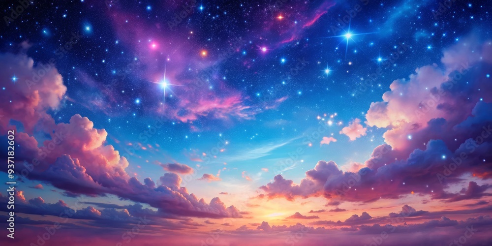 Fototapeta premium Celestial Dreamscape A Painting of Stars and Clouds, Night sky, stars, clouds, dreamscape