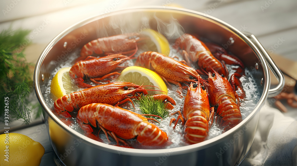 Close-up of fresh red lobsters cooking in a pot with lemon wedges and dill, steam rising. Close-up of fresh red lobsters cooking in a pot with lemon wedges and dill, steam rising.